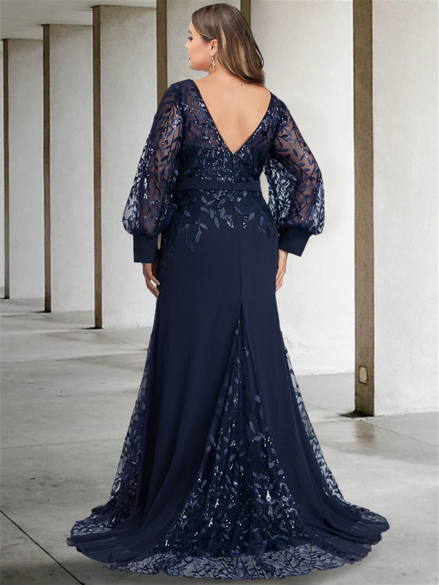 Robe de Mère de la Mariée Sirène/Trompette à Col Rond et Manches Longues, Longueur Au Sol, avec Paillettes