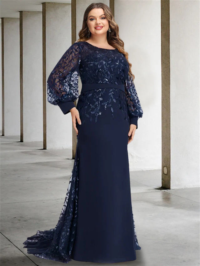 Robe de Mère de la Mariée Sirène/Trompette à Col Rond et Manches Longues, Longueur Au Sol, avec Paillettes
