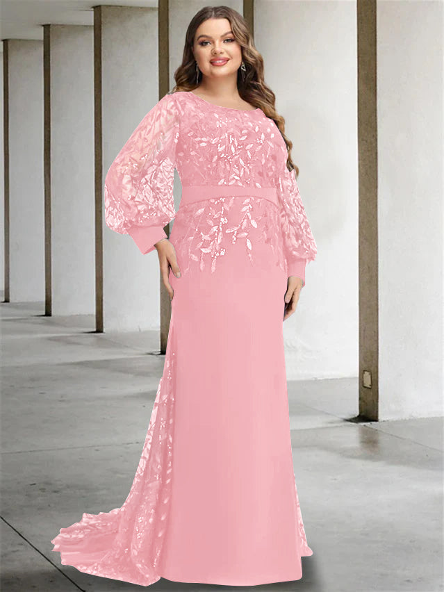 Robe de Mère de la Mariée Grande Taille à Col Rond et Manches Longues, Longueur Au Sol, Style Sirène/Trompette, avec Paillettes