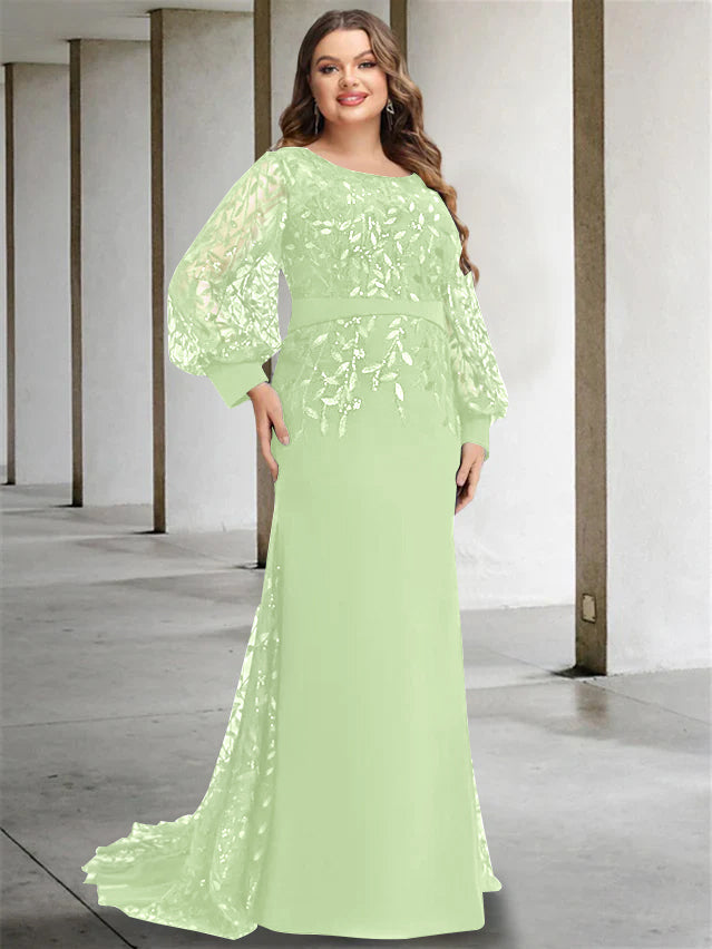 Robe de Mère de la Mariée Grande Taille à Col Rond et Manches Longues, Longueur Au Sol, Style Sirène/Trompette, avec Paillettes