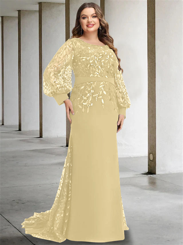 Robe de Mère de la Mariée Grande Taille à Col Rond et Manches Longues, Longueur Au Sol, Style Sirène/Trompette, avec Paillettes