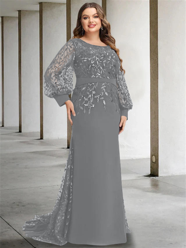 Robe de Mère de la Mariée Grande Taille à Col Rond et Manches Longues, Longueur Au Sol, Style Sirène/Trompette, avec Paillettes
