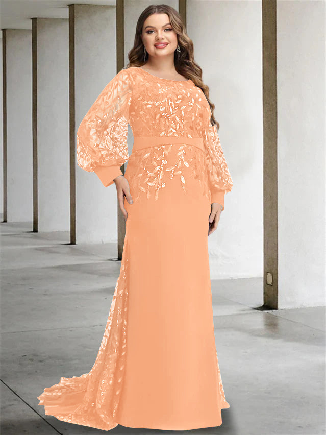 Robe de Mère de la Mariée Grande Taille à Col Rond et Manches Longues, Longueur Au Sol, Style Sirène/Trompette, avec Paillettes