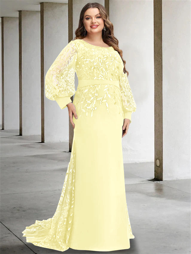 Robe de Mère de la Mariée Grande Taille à Col Rond et Manches Longues, Longueur Au Sol, Style Sirène/Trompette, avec Paillettes