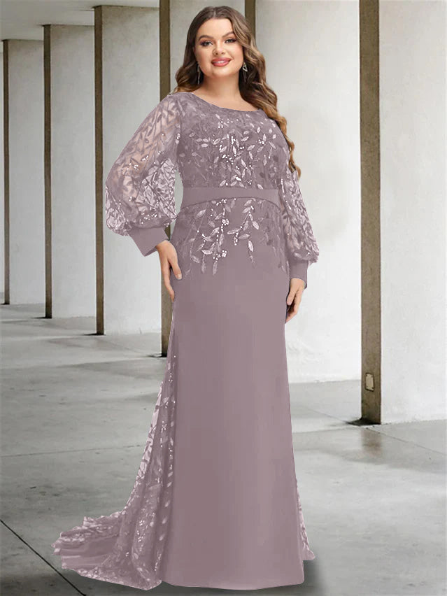 Robe de Mère de la Mariée Grande Taille à Col Rond et Manches Longues, Longueur Au Sol, Style Sirène/Trompette, avec Paillettes