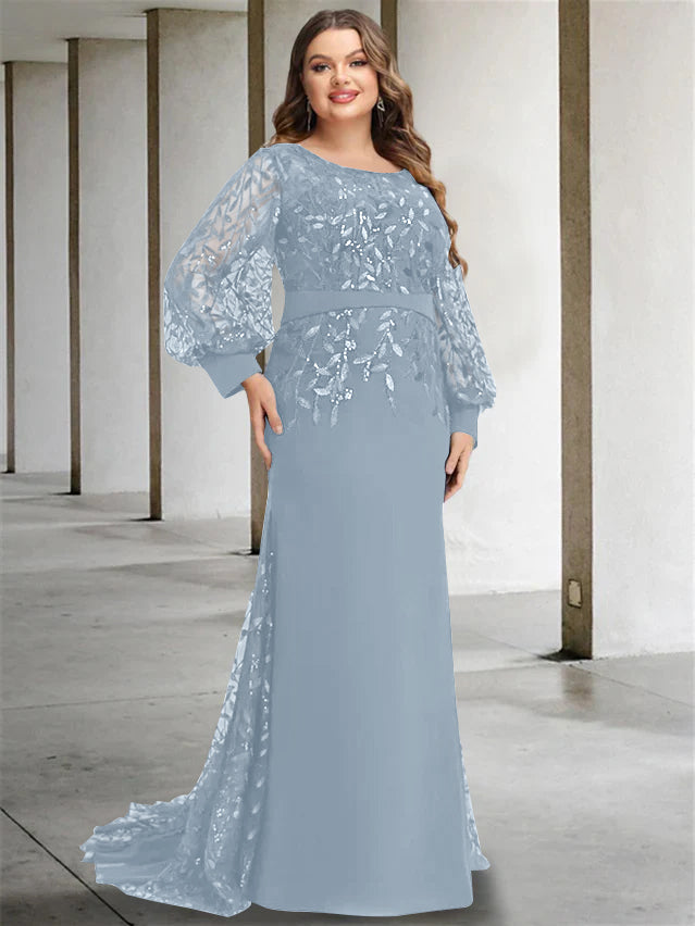 Robe de Mère de la Mariée Grande Taille à Col Rond et Manches Longues, Longueur Au Sol, Style Sirène/Trompette, avec Paillettes