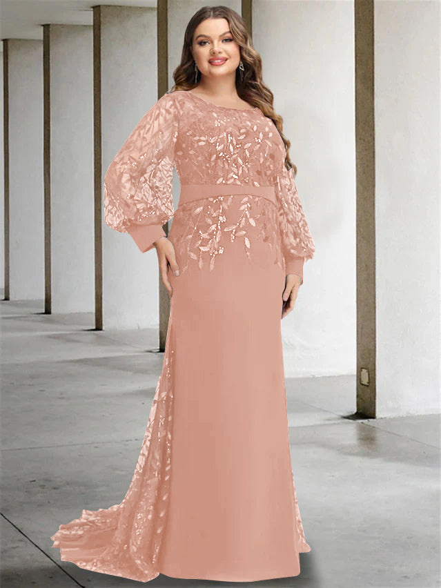 Robe de Mère de la Mariée Grande Taille à Col Rond et Manches Longues, Longueur Au Sol, Style Sirène/Trompette, avec Paillettes