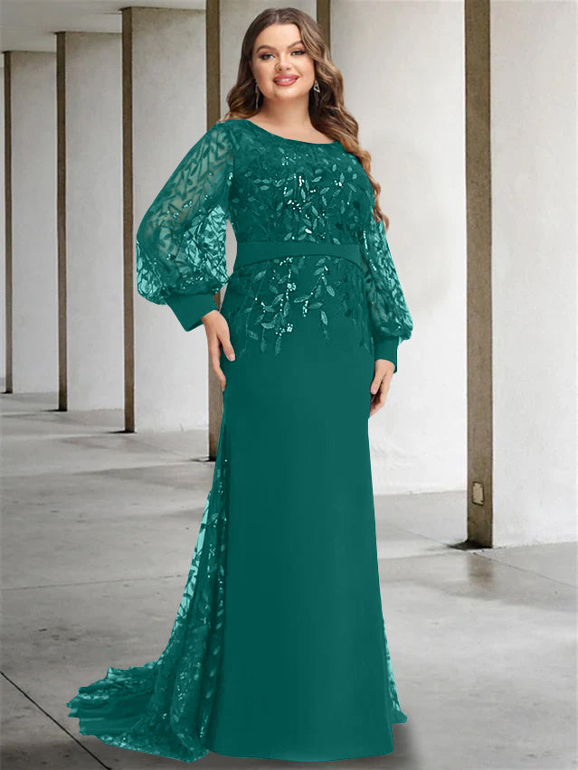 Robe de Mère de la Mariée Grande Taille à Col Rond et Manches Longues, Longueur Au Sol, Style Sirène/Trompette, avec Paillettes