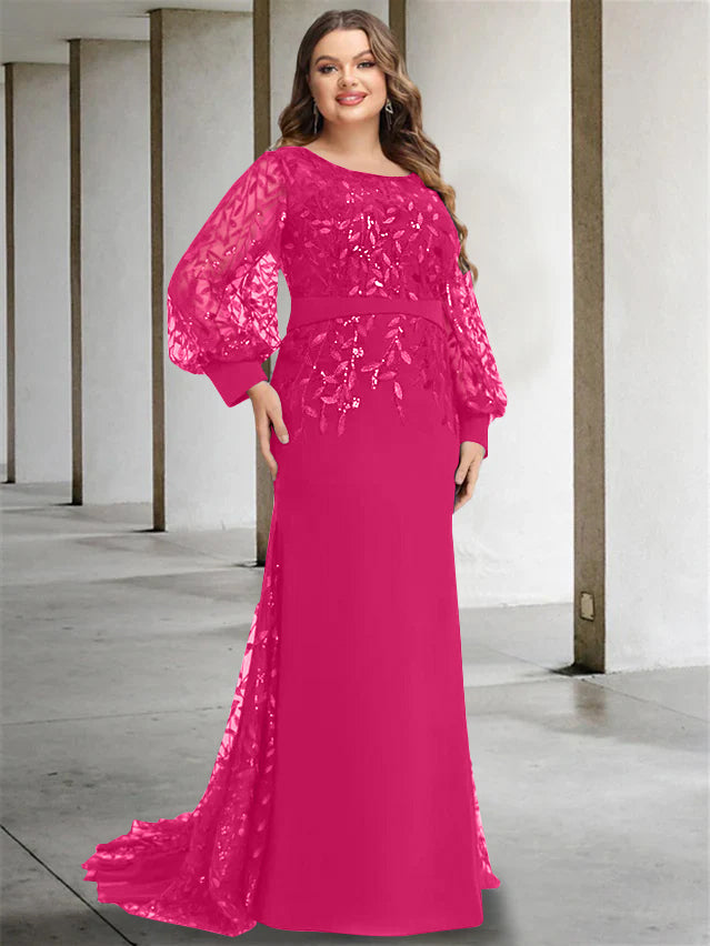 Robe de Mère de la Mariée Grande Taille à Col Rond et Manches Longues, Longueur Au Sol, Style Sirène/Trompette, avec Paillettes
