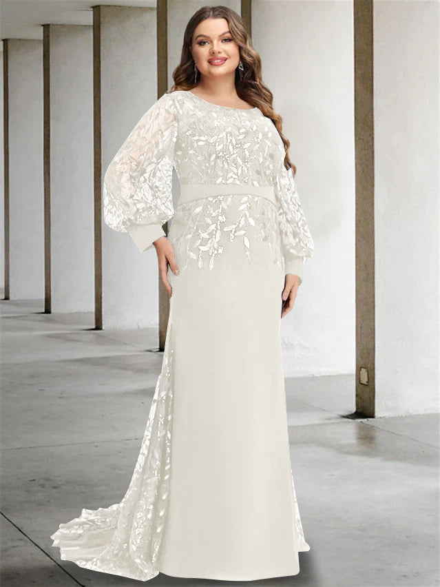 Robe de Mère de la Mariée Grande Taille à Col Rond et Manches Longues, Longueur Au Sol, Style Sirène/Trompette, avec Paillettes
