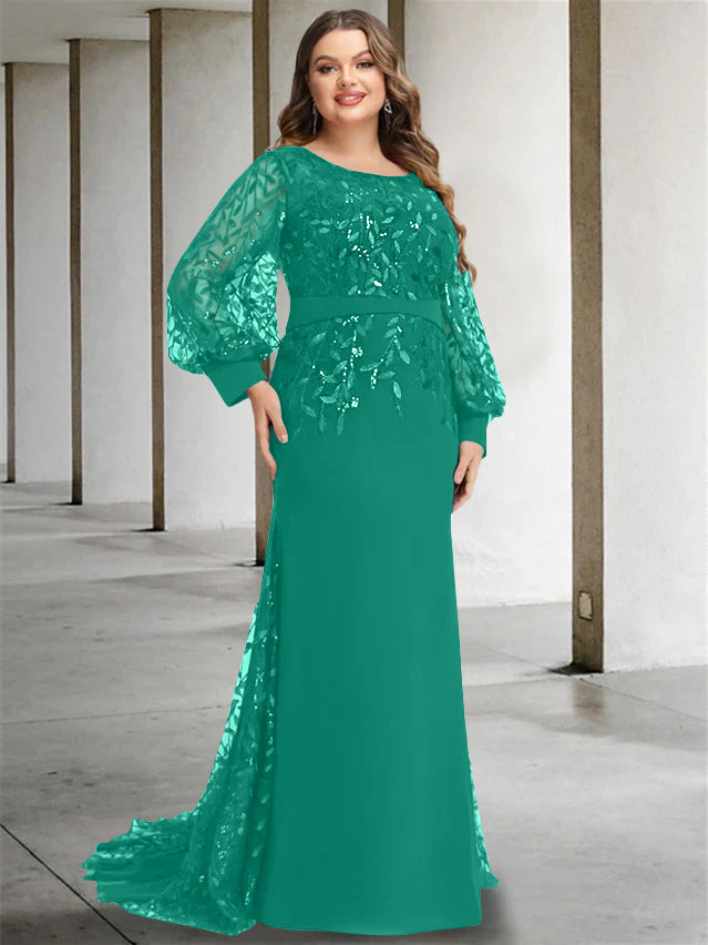 Robe de Mère de la Mariée Grande Taille à Col Rond et Manches Longues, Longueur Au Sol, Style Sirène/Trompette, avec Paillettes