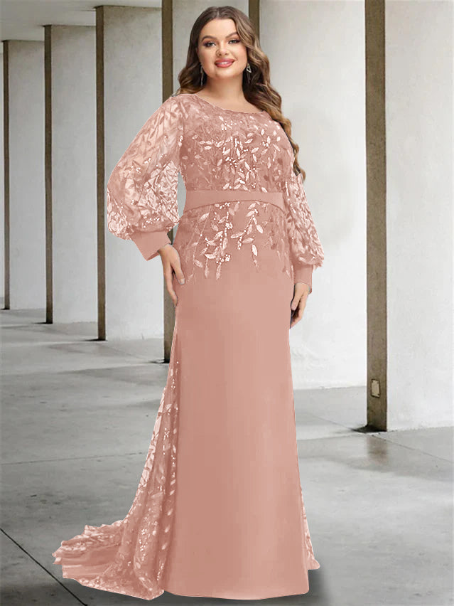 Robe de Mère de la Mariée Grande Taille à Col Rond et Manches Longues, Longueur Au Sol, Style Sirène/Trompette, avec Paillettes