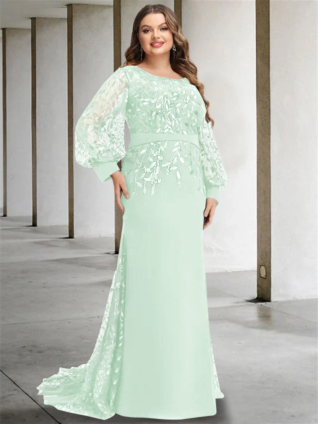 Robe de Mère de la Mariée Grande Taille à Col Rond et Manches Longues, Longueur Au Sol, Style Sirène/Trompette, avec Paillettes