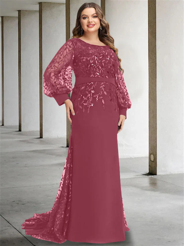 Robe de Mère de la Mariée Grande Taille à Col Rond et Manches Longues, Longueur Au Sol, Style Sirène/Trompette, avec Paillettes