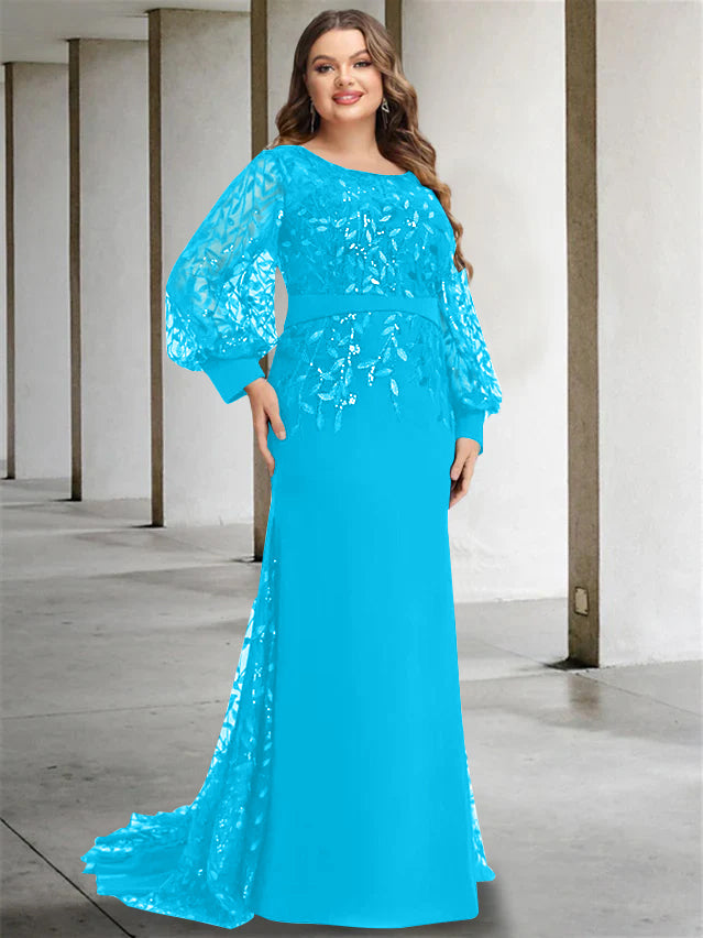 Robe de Mère de la Mariée Grande Taille à Col Rond et Manches Longues, Longueur Au Sol, Style Sirène/Trompette, avec Paillettes