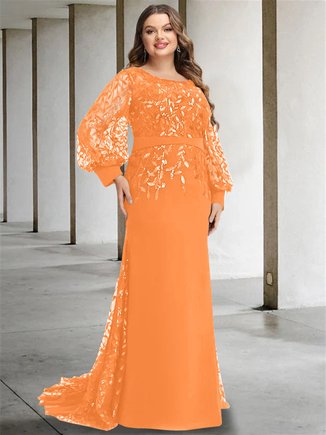 Robe de Mère de la Mariée Grande Taille à Col Rond et Manches Longues, Longueur Au Sol, Style Sirène/Trompette, avec Paillettes