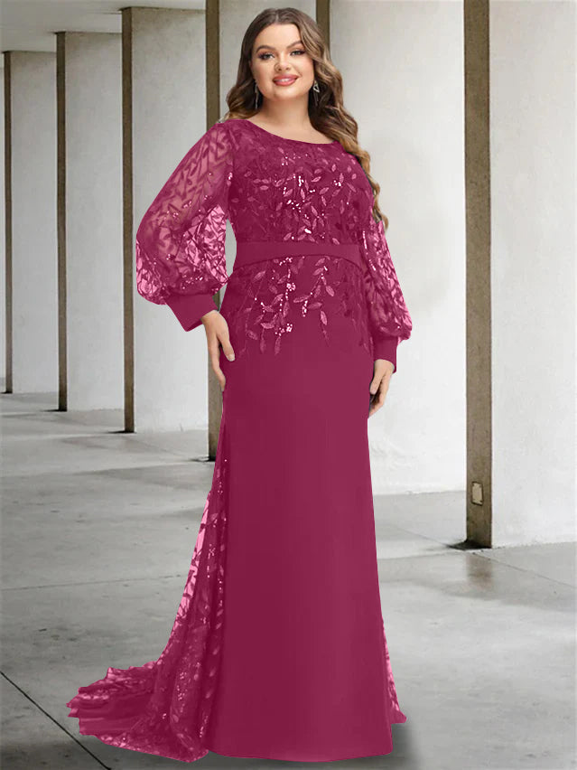 Robe de Mère de la Mariée Grande Taille à Col Rond et Manches Longues, Longueur Au Sol, Style Sirène/Trompette, avec Paillettes
