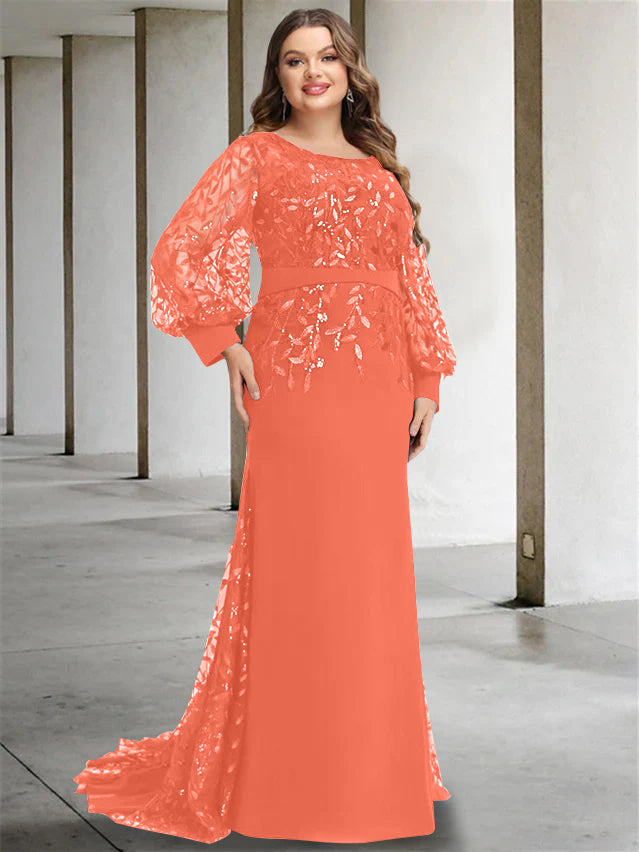 Robe de Mère de la Mariée Grande Taille à Col Rond et Manches Longues, Longueur Au Sol, Style Sirène/Trompette, avec Paillettes