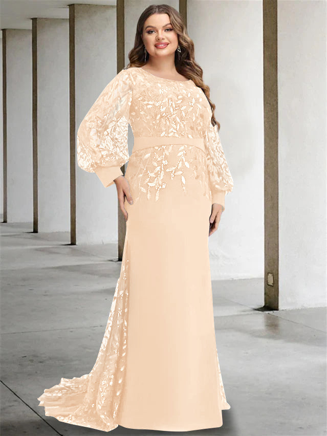 Robe de Mère de la Mariée Grande Taille à Col Rond et Manches Longues, Longueur Au Sol, Style Sirène/Trompette, avec Paillettes