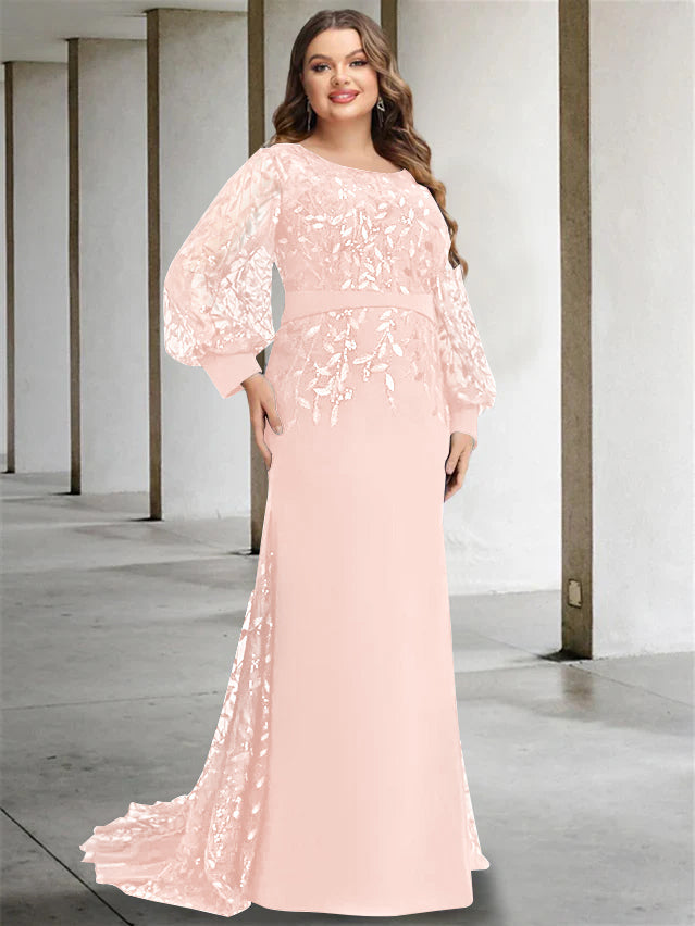 Robe de Mère de la Mariée Grande Taille à Col Rond et Manches Longues, Longueur Au Sol, Style Sirène/Trompette, avec Paillettes