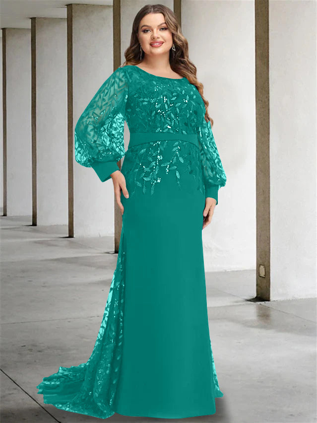 Robe de Mère de la Mariée Grande Taille à Col Rond et Manches Longues, Longueur Au Sol, Style Sirène/Trompette, avec Paillettes