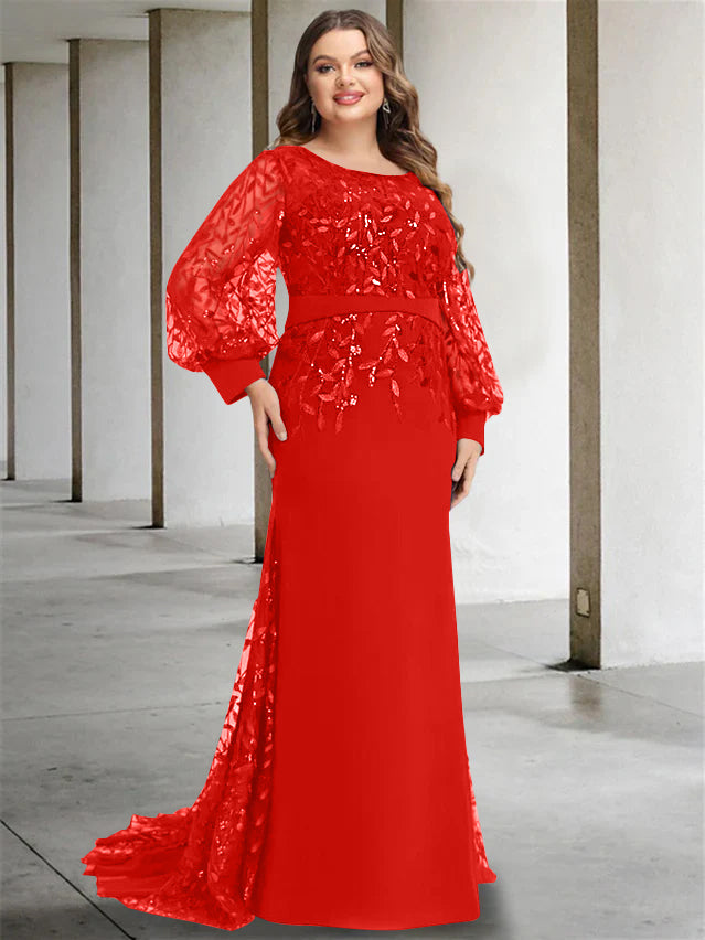 Robe de Mère de la Mariée Grande Taille à Col Rond et Manches Longues, Longueur Au Sol, Style Sirène/Trompette, avec Paillettes