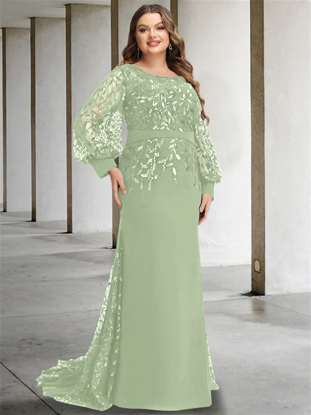 Robe de Mère de la Mariée Grande Taille à Col Rond et Manches Longues, Longueur Au Sol, Style Sirène/Trompette, avec Paillettes