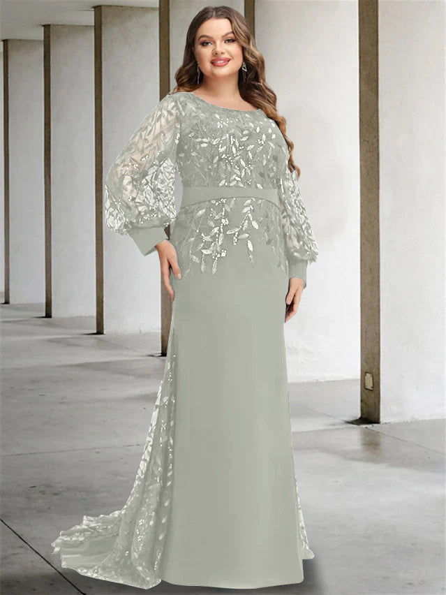 Robe de Mère de la Mariée Grande Taille à Col Rond et Manches Longues, Longueur Au Sol, Style Sirène/Trompette, avec Paillettes