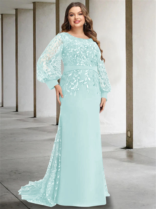 Robe de Mère de la Mariée Grande Taille à Col Rond et Manches Longues, Longueur Au Sol, Style Sirène/Trompette, avec Paillettes