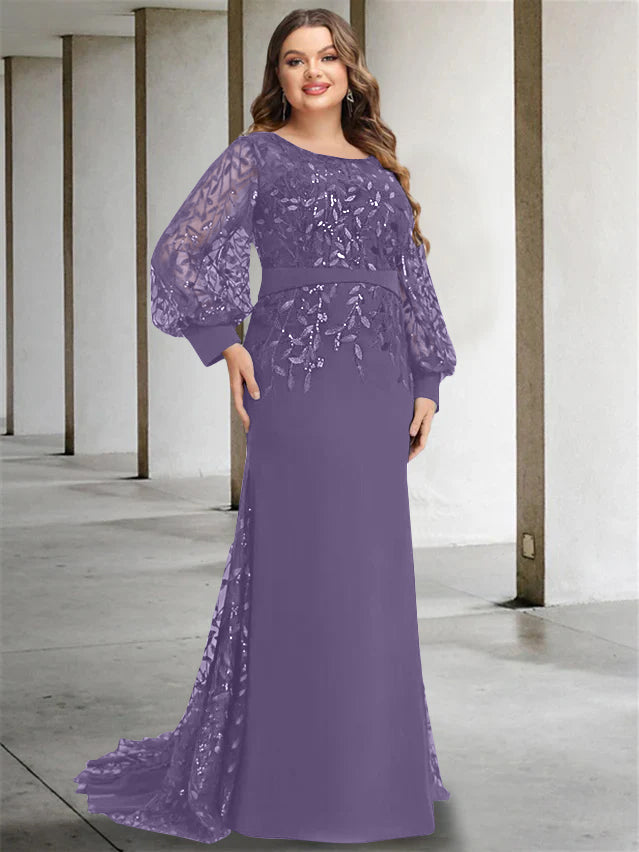 Robe de Mère de la Mariée Grande Taille à Col Rond et Manches Longues, Longueur Au Sol, Style Sirène/Trompette, avec Paillettes