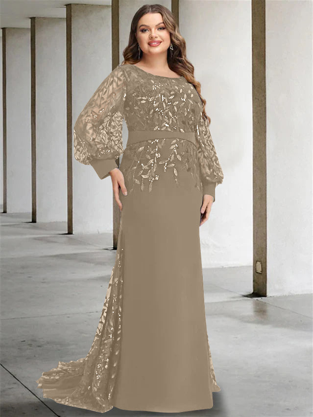 Robe de Mère de la Mariée Grande Taille à Col Rond et Manches Longues, Longueur Au Sol, Style Sirène/Trompette, avec Paillettes