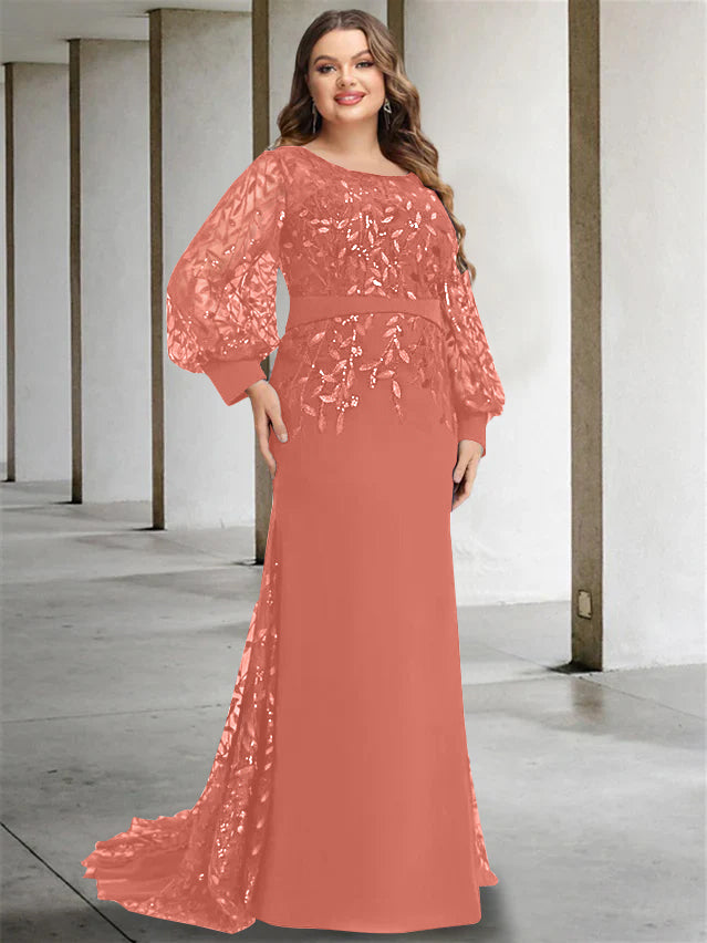 Robe de Mère de la Mariée Grande Taille à Col Rond et Manches Longues, Longueur Au Sol, Style Sirène/Trompette, avec Paillettes