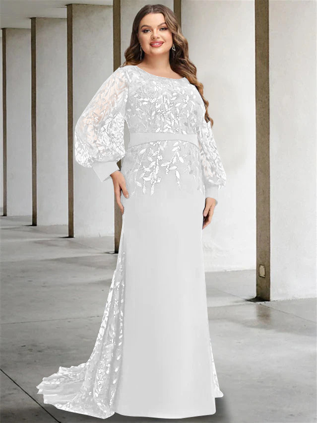 Robe de Mère de la Mariée Grande Taille à Col Rond et Manches Longues, Longueur Au Sol, Style Sirène/Trompette, avec Paillettes
