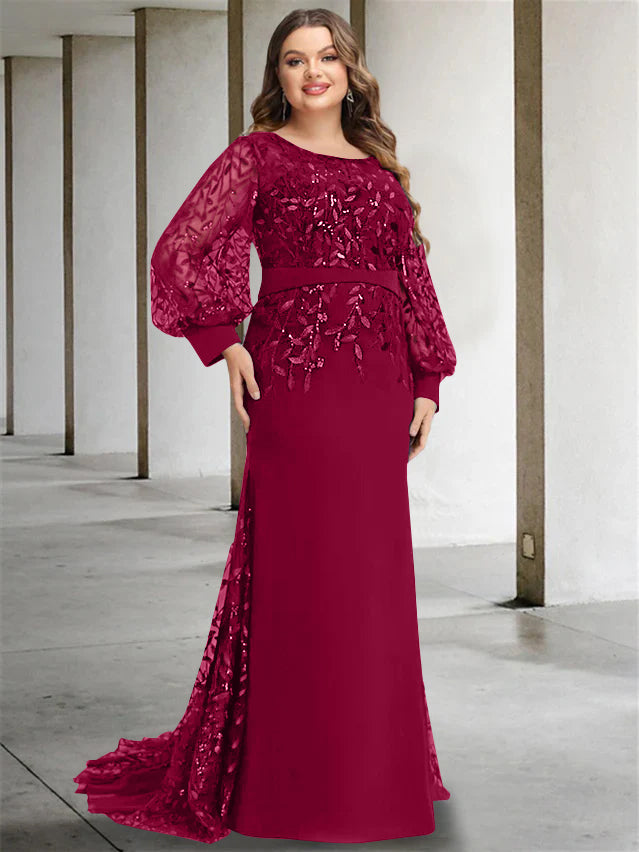 Robe de Mère de la Mariée Grande Taille à Col Rond et Manches Longues, Longueur Au Sol, Style Sirène/Trompette, avec Paillettes