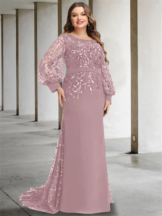 Robe de Mère de la Mariée Grande Taille à Col Rond et Manches Longues, Longueur Au Sol, Style Sirène/Trompette, avec Paillettes