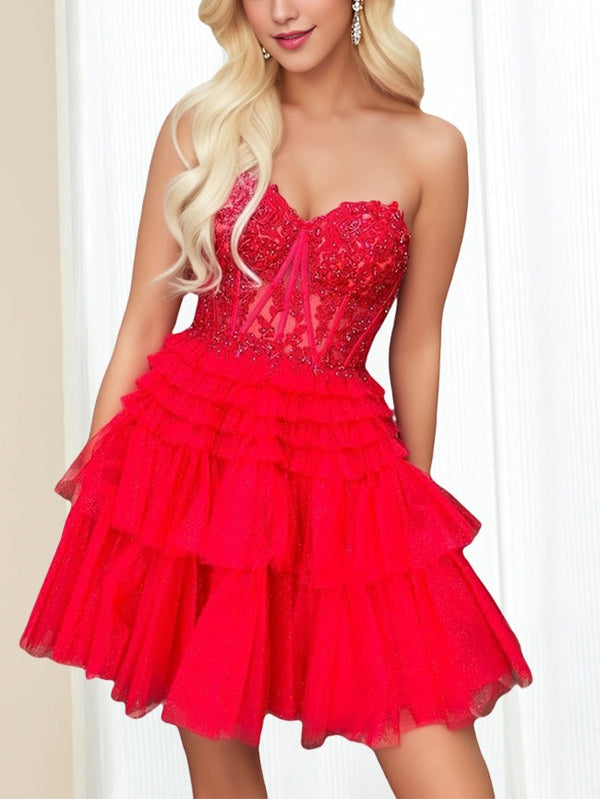 Robe de Soirée Courte/Mini Sans Manches, Coupe Trapèze/Princesse, Décolleté en Cœur, avec Appliques en Dentelle et Paillettes, Volants