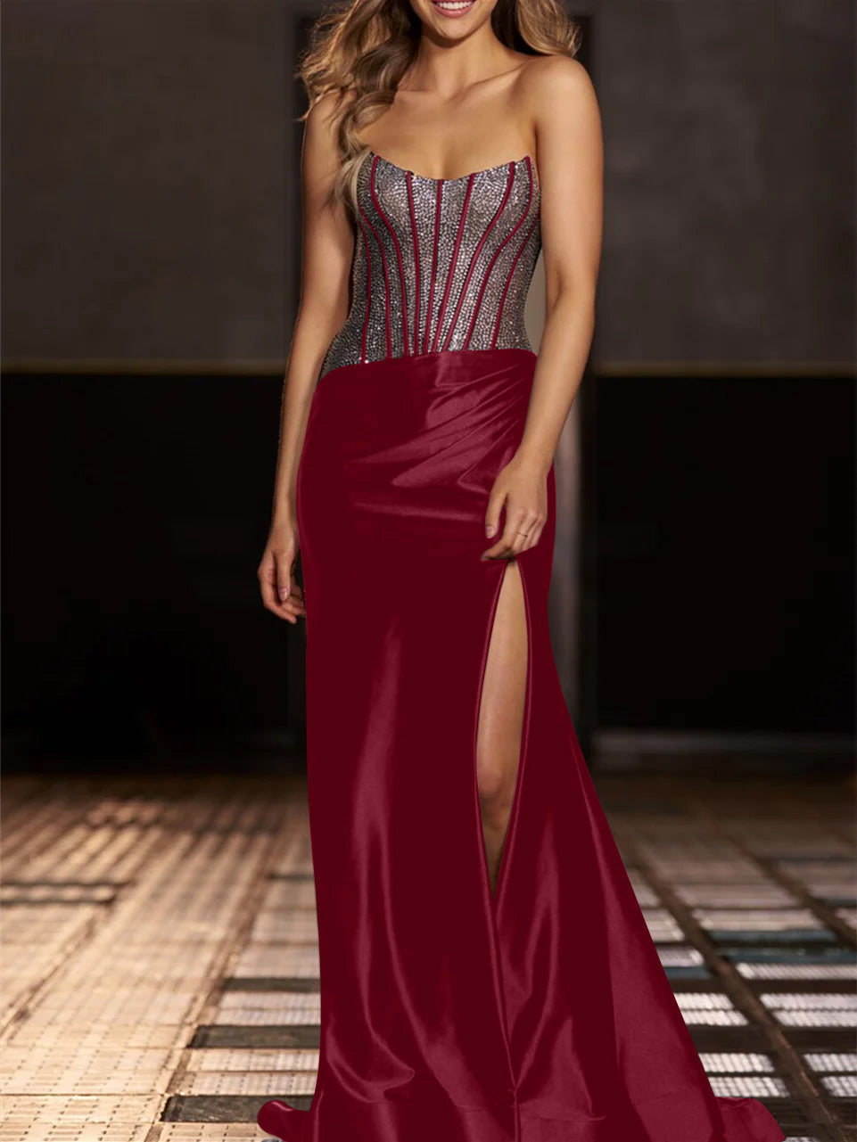 Robe de Soirée Sirène/Trompette Sans Bretelles, Longueur Au Sol, avec Paillettes