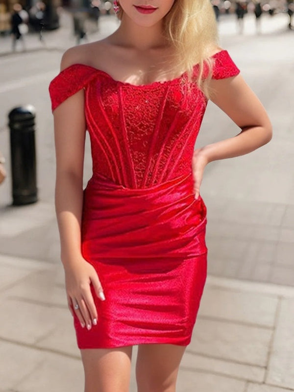 Robe de Soirée Courte/Mini à Épaules Dénudées, Fourreau/Colonne, Sans Manches, avec Appliques et Plis, pour Cocktail, Bal de Fin D'Année