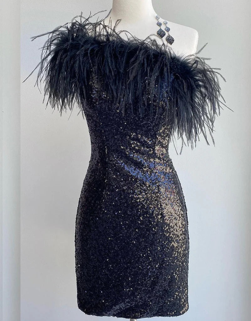Robe Fourreau/Colonne Asymétrique Sans Manches Courte/Mini Robe de Soirée Dansante Cocktail de Retour à la Maison avec Plumes