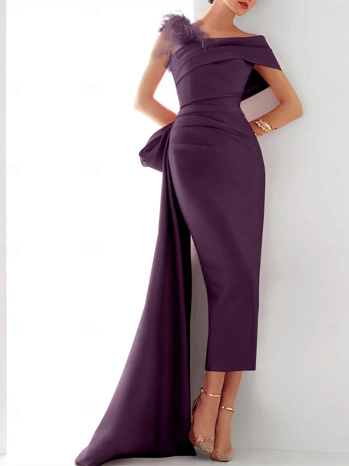Robe de Soirée Fourreau/Colonne à Une Épaule Sans Manches, Traîne à Balayage/Pinceau, Robe Élégante en Satin avec Nœud(S) en Plumes