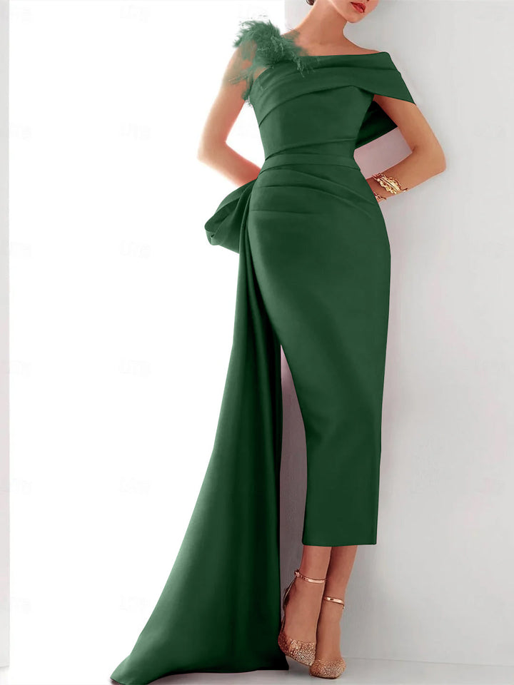 Robe de Soirée Fourreau/Colonne à Une Épaule Sans Manches, Traîne à Balayage/Pinceau, Robe Élégante en Satin avec Nœud(S) en Plumes
