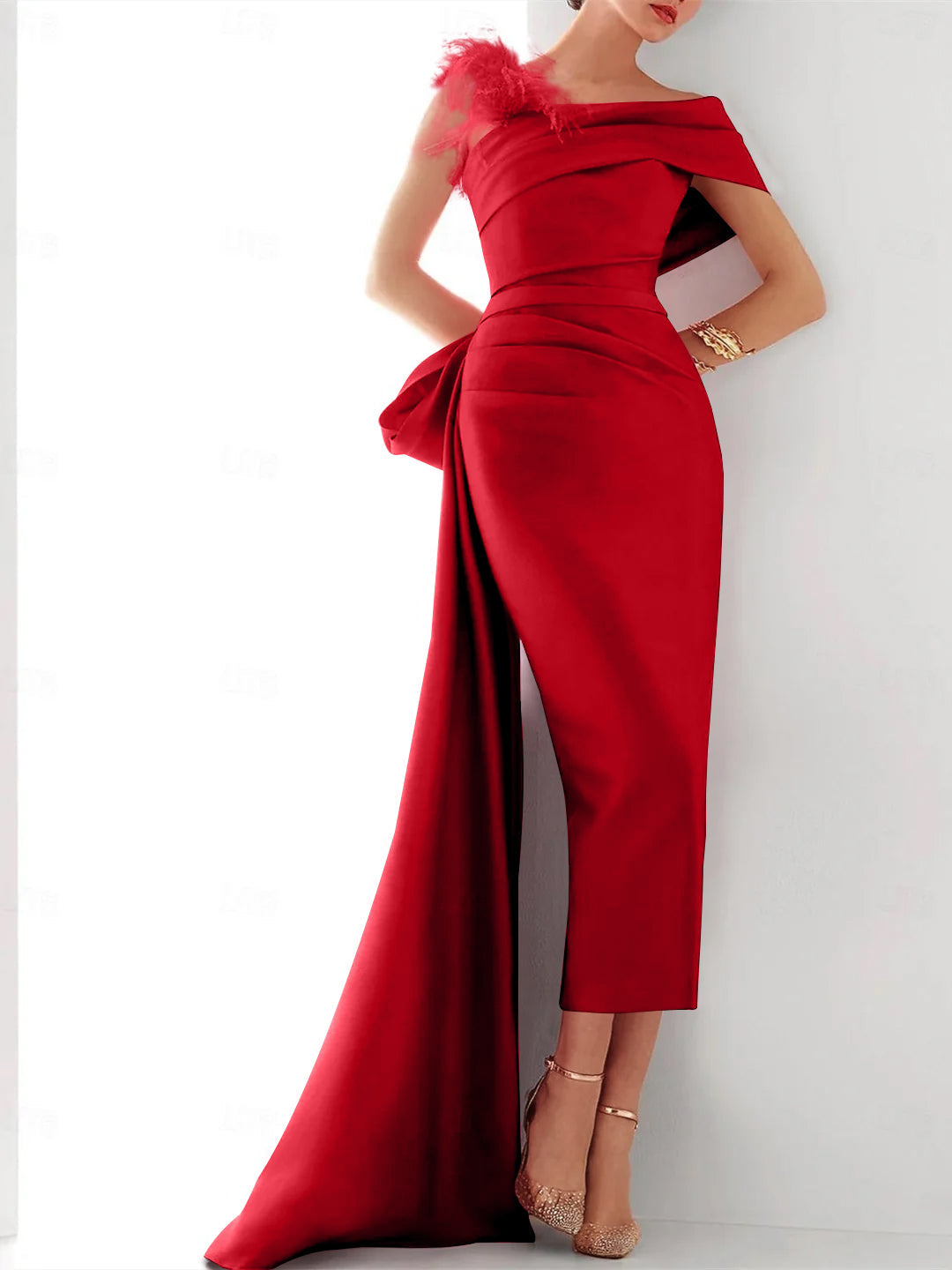 Robe de Soirée Fourreau/Colonne à Une Épaule Sans Manches, Traîne à Balayage/Pinceau, Robe Élégante en Satin avec Nœud(S) en Plumes