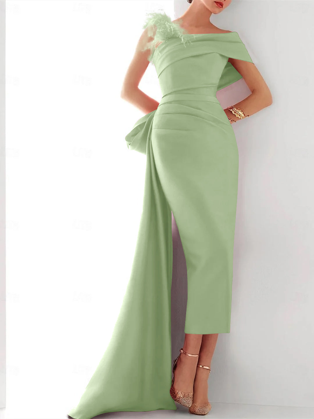 Robe de Soirée Fourreau/Colonne à Une Épaule Sans Manches, Traîne à Balayage/Pinceau, Robe Élégante en Satin avec Nœud(S) en Plumes