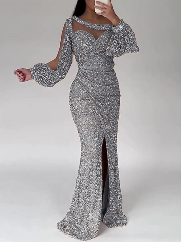 Robe de Soirée Sirène à Col Rond et Manches Longues, Longueur Au Sol, pour Mère de la Mariée, avec Fente Froncée
