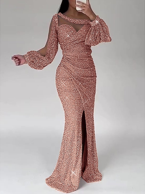 Robe de Soirée Sirène à Col Rond et Manches Longues, Longueur Au Sol, pour Mère de la Mariée, avec Fente Froncée