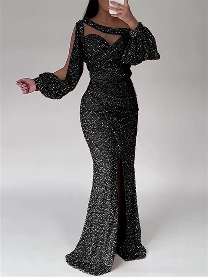 Robe de Soirée Sirène à Col Rond et Manches Longues, Longueur Au Sol, pour Mère de la Mariée, avec Fente Froncée