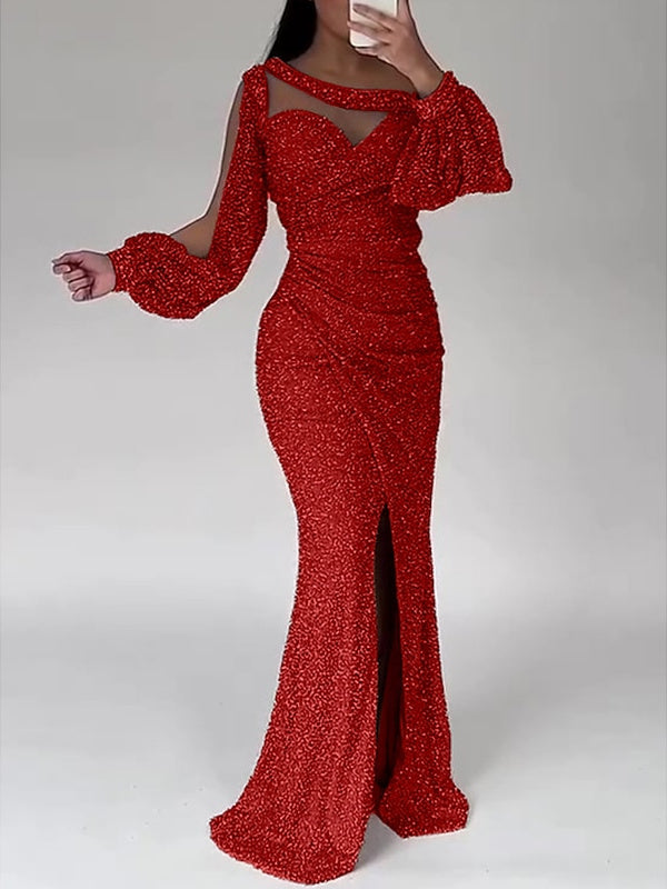 Robe de Soirée Sirène à Col Rond et Manches Longues, Longueur Au Sol, pour Mère de la Mariée, avec Fente Froncée