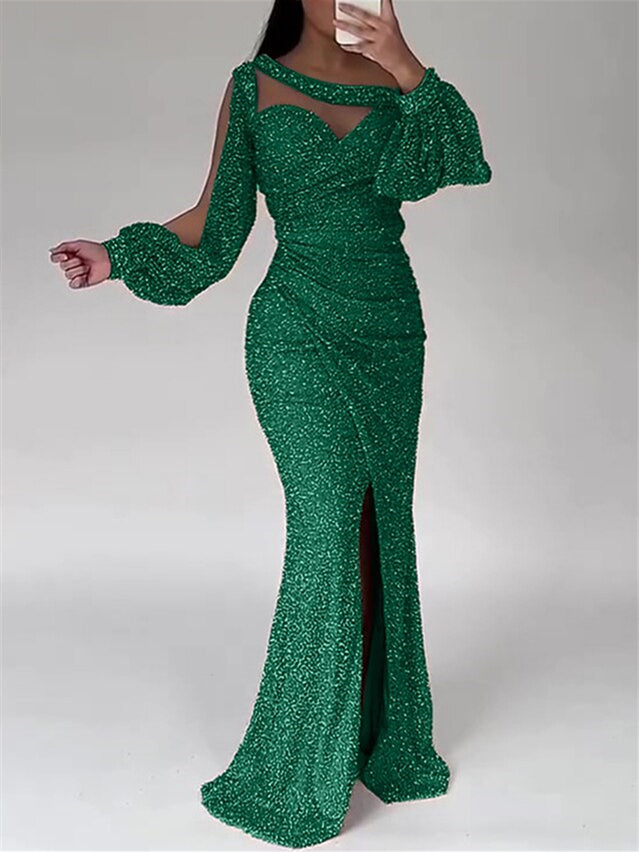 Robe de Soirée Sirène à Col Rond et Manches Longues, Longueur Au Sol, pour Mère de la Mariée, avec Fente Froncée