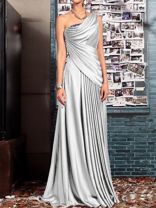 Robe Fourreau Asymétrique Sans Manches, Longueur Au Sol, pour Mère de la Mariée, avec Plis et Cristaux Drapés