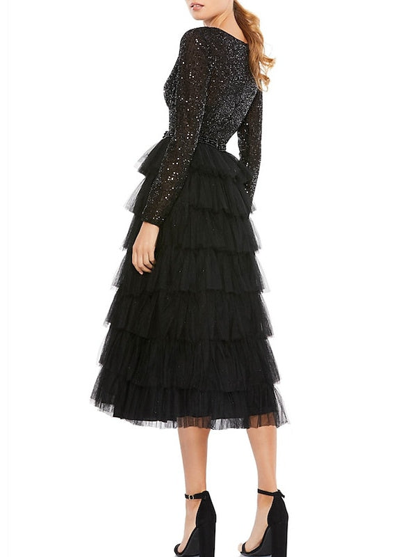 Robe de Mère de la Mariée Coupe A-Line à Manches Longues et Col Bijou avec Sequins à Plusieurs Niveaux